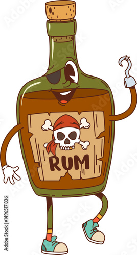 Rum drink bottle pirate groovy cheerful character. Bar distilled booze cheerful retro vector mascot, alcohol drink happy groovy personage. Rum bottle pirate with hook and eye patch funny character