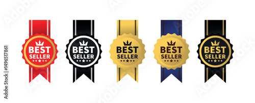 Best Seller Ribbon Emblems – Premium Award Medal, Top Rated Product Badge, Gold & Red Bestseller Seal, Sales Achievement Label, E-commerce Promo Icon, Retail Success Marker