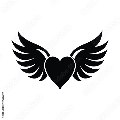 Elegant black heart symbol with wings on a clean white background for design projects