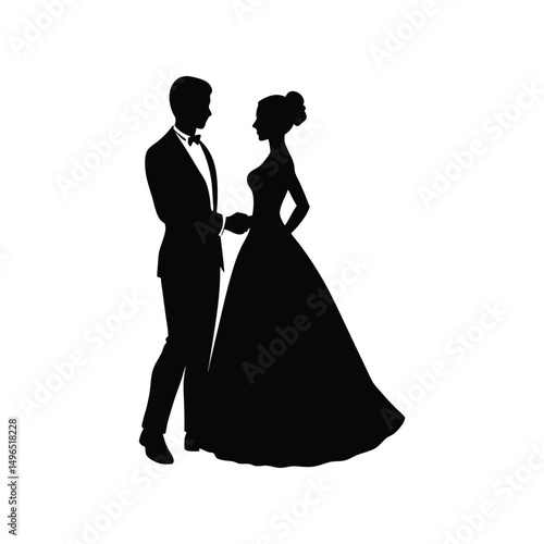 Elegant silhouette of bride and groom holding hands on wedding day celebration
