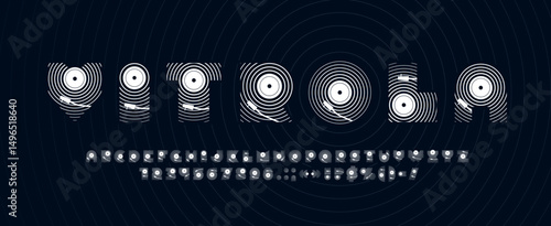 Music dj sound font, musical typeface letters, gramophone type, vinyl record alphabet vector typography. English abc letters and numbers font of retro vinyl records and dj music sound mixer silhouette