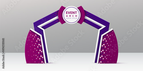 Exhibition purple and blue event arch or gate entrance with welcome sign, vector mockup template. Event arch and entry gate in modern trendy creative design for sport marathon or exhibition entrance