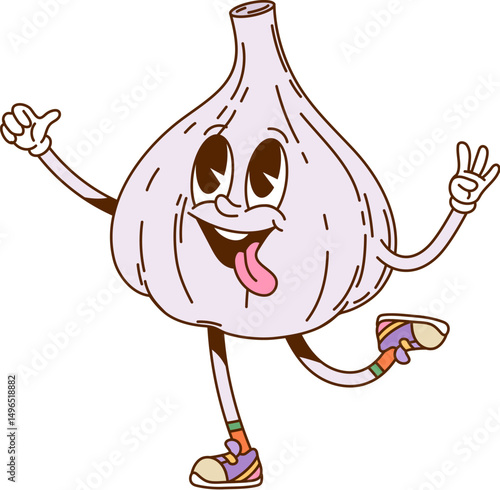 Groovy garlic vegetable character with funny silly face, vector comic personage. Groovy garlic bulb in retro cartoon with crazy smile and freaky tongue out with cool thumb up gesture for food emoji