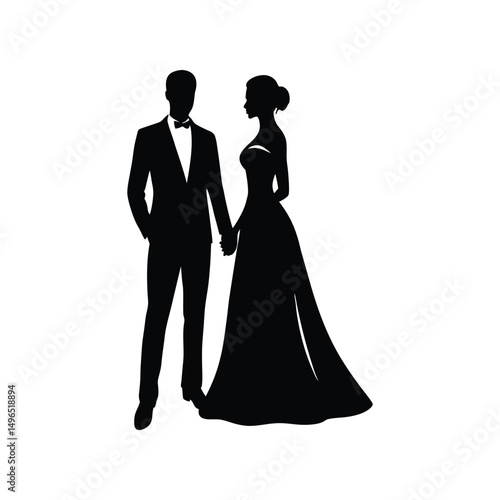 Silhouette of a bride and groom holding hands celebrating wedding day together