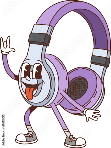 Cartoon groovy headphones or computer headset with funny face, vector personage. Groovy freaky headphones with silly smile and tongue out freaky emoji for computer hardware or music character