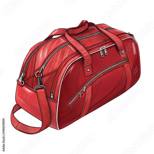 Modern red duffel bag with zippers and straps appears isolated on transparent background