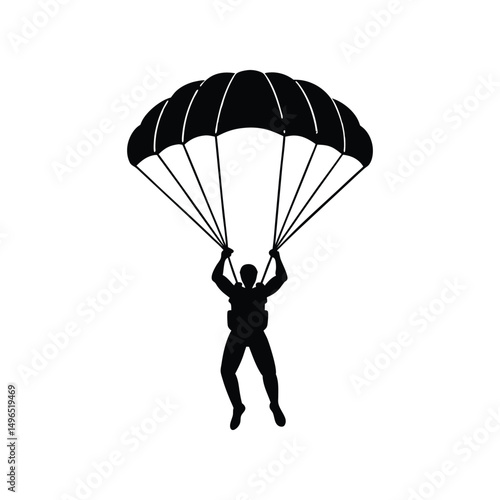 Silhouette of a skydiver descending with parachute against a plain white background