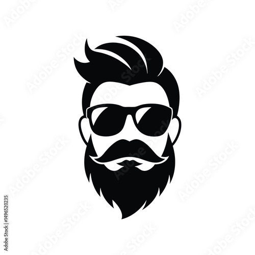 Stylized black and white hipster face with sunglasses beard and moustache vector icon