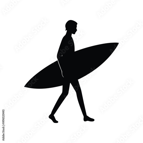 Surfer silhouette walking with a surfboard in hand black and white vector illustration