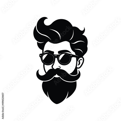 Vector illustration of hipster man with sunglasses and a thick beard in black and white