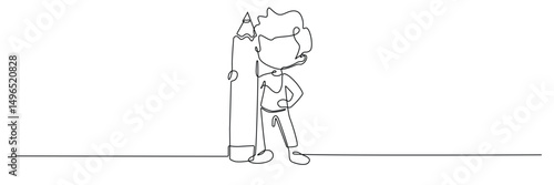 one continuous line of a boy with a giant pencil.one line drawing of a cartoon boy for back to school,education concept