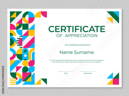 Horizontal certificate template with geometric abstract pattern for diploma appreciation, vector background. Certificate of appreciation or diploma award layout template with modern geometric pattern