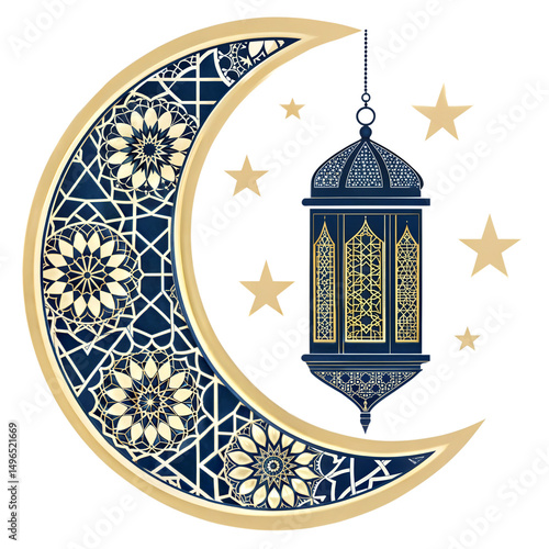 Ornate golden crescent moon surrounds a hanging lamp and stars isolated on transparent background