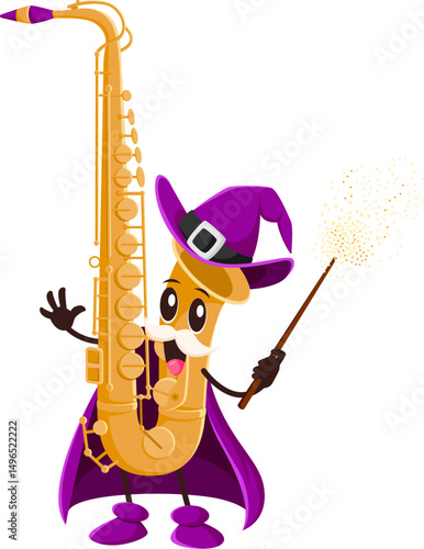 Cartoon Halloween saxophone music instrument mage or sorcerer character. Magician orchestra brass musical instrument happy mascot, wizard or sorcerer saxophone vector cute personage with magic wand