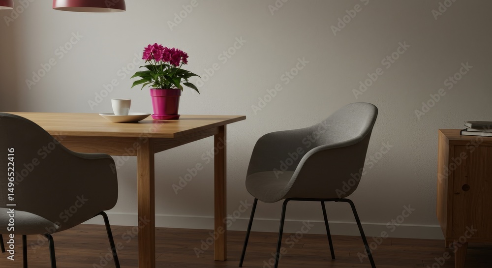 Fototapeta premium 3D Illustration Minimalist Dining Room Interior with Pink Flowerpot