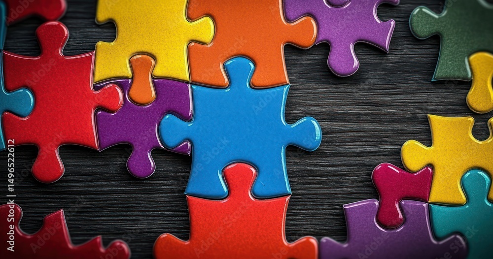 Close-up of colorful interlocking puzzle pieces scattered on a dark wooden surface, conveying creativity and problem solving Close-up of colorful interlocking puzzle pieces scattered on a dark wooden surface, conveying creativity and problem solving