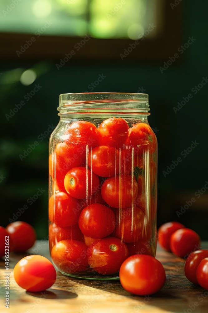 Clear glass jar filled with ripe red cherry tomatoes placed on wooden surface with additional tomatoes scattered around under natural warm light Clear glass jar filled with ripe red cherry tomatoes placed on wooden surface with additional tomatoes scattered around under natural warm light
