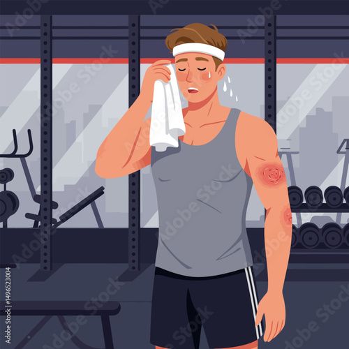 Man Resting After Workout Wiping Sweat with Towel at Gym