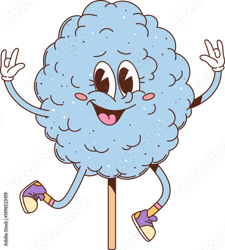 Blue cotton candy or sweet snack groovy funny character. Sugar cotton candy cute funky vector mascot. Fair or amusement park sweet dessert isolated funky groovy personage or hippie cheerful character