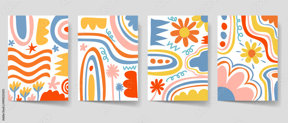 Fototapeta premium Colorful summer doodles poster set. Hand drawn cover collection for print and decoration. Summer illustration template bundle