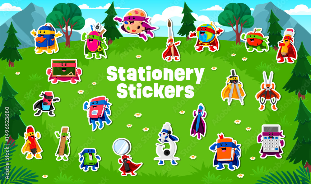 Obraz premium Cartoon superhero education stationery characters stickers pack. Vector set of notebook, pencil, ruler, marker, eraser and compass. Scissor, chalkboard, glue, globe, sharpener, magnifier with backpack