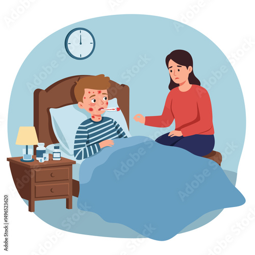 Boy Lying in Bed with Fever Being Cared for by Woman