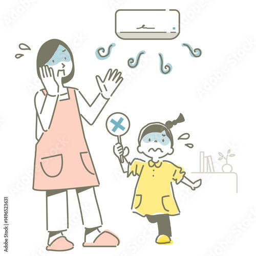エアコンの不具合に困るお母さんと女の子　シンプルでかわいい線画イラスト
