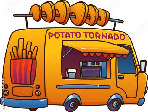 Potato tornado food truck car, festival street foodtruck van. Cartoon yellow wheeled retro cafe with a giant spiral fries skewer on top. Vector vehicle booth features an open cooking area and a awning