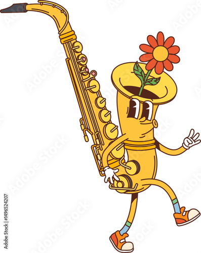 Cartoon groovy saxophone musical instrument character with flower sprouting from the bell, wearing hippie sneakers and striking a peace sign, combining musical expression with retro y2k whimsical vibe