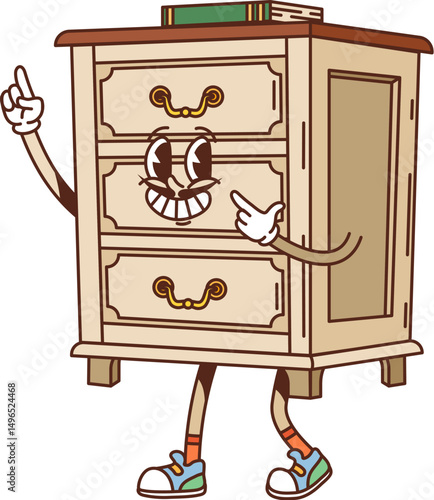 Cartoon groovy drawer furniture and interior character with handles, smiling face, books on top and expressive gesture. Vector retro personage in sneakers with funky vintage y2k hippie nostalgic vibe