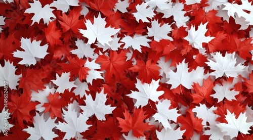 A dense collection of red and white maple leaves, creating a textured, patterned background