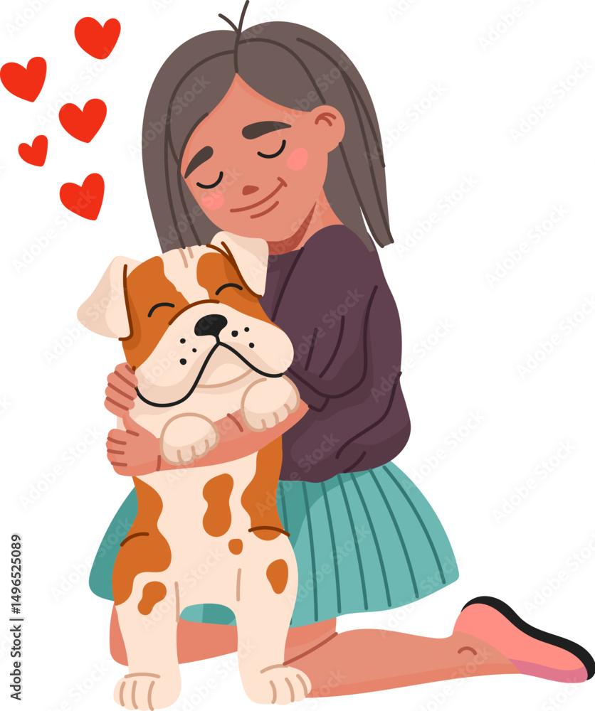 Fototapeta premium Cartoon girl hugs cute bulldog dog. Vector child with long hair kneels and gently embraces smiling puppy. Heartwarming moment with hearts above symbolizing love, care, connection between kid and pet