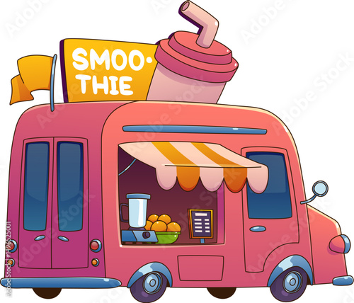 Cartoon smoothie food truck car, festival street foodtruck van with a pink exterior, a large smoothie cup on top, orange striped awning and serving window displaying fresh fruits, menu and a blender