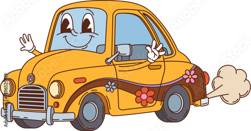 Retro cartoon groovy kids toy character of car with funny face, vector comic personage. Groovy car toy with daisy flowers, hippie sign and happy smile for kids toy character in retro cartoon art