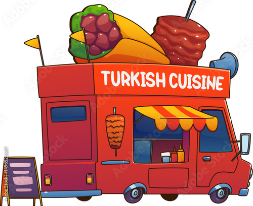 Turkish food truck car, cartoon festival street foodtruck van with a large kebab, wrap, and skewers on top. Vector international cuisine vendor mobile with a takeaway window, menu board and awning