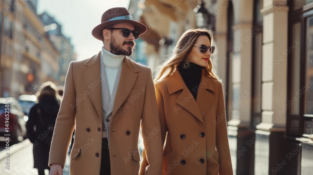Obraz premium Stylish, well-dressed couple in an elegant urban setting.