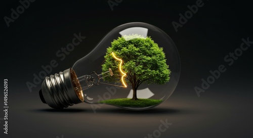 3D Green Tree In Light Bulb On Dark Background