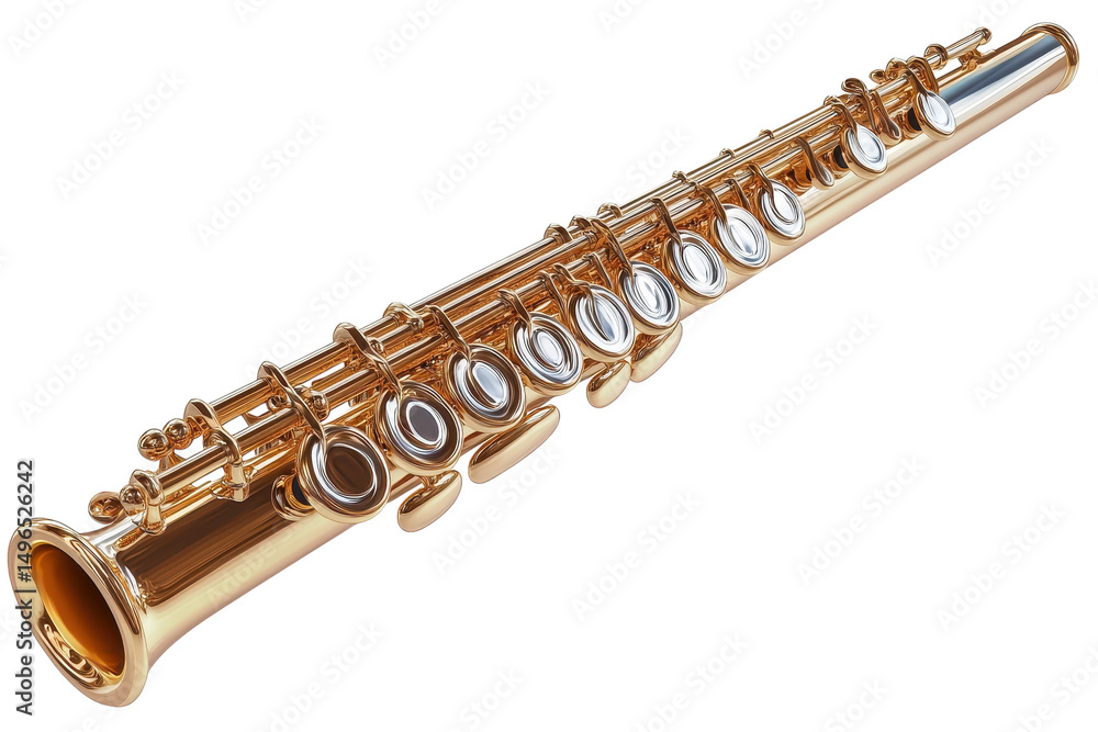 Fototapeta premium A glimmering golden flute awaiting the touch of a maestro ready to fill the air with on transparent background