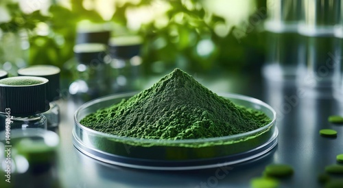 Close-up of a petri dish with vibrant green powder, surrounded by glass vials and scattered tablets on a reflective surface with blurred green leaves in the background