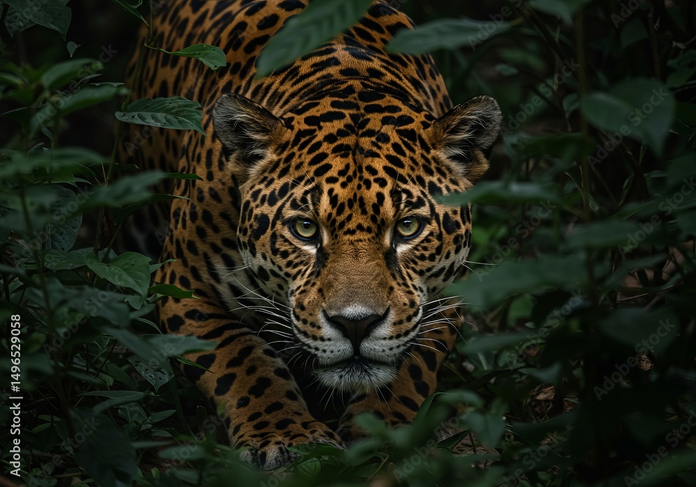 Obraz premium Alert jaguar prowls through dense foliage