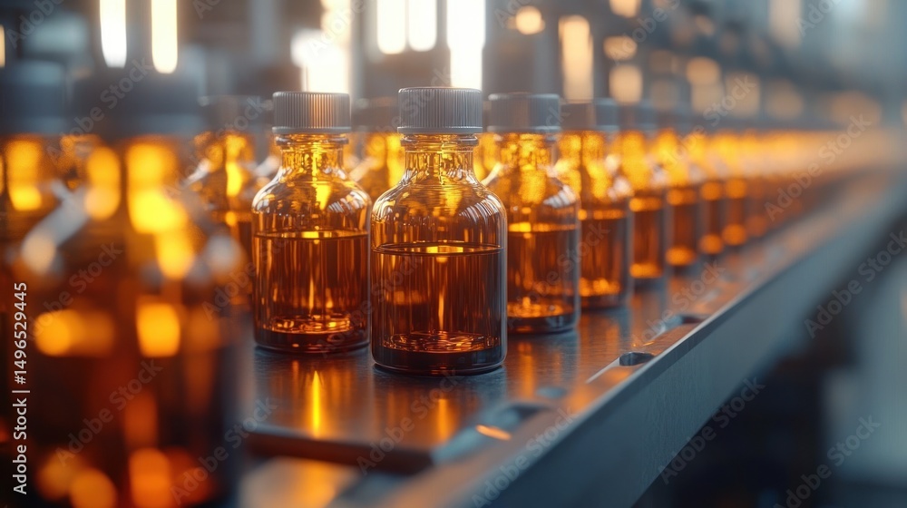 Close-up of amber glass bottles with white caps neatly arranged on a conveyor belt in a brightly lit industrial setting Close-up of amber glass bottles with white caps neatly arranged on a conveyor belt in a brightly lit industrial setting
