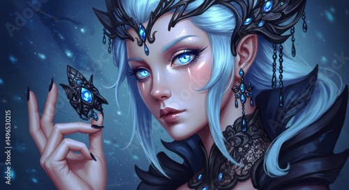 Enchanting Digital Painting of an Ice Elf Queen or Fantasy Sorceress with Luminous Blue Eyes, White Hair, and Ornate Dark Attire, Holding a Small Intricate Object.