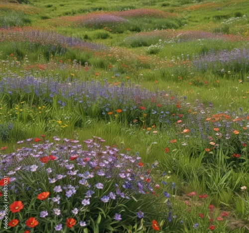 Lush green meadow dotted with colorful wildflowers in full bloom,  pastel,  outdoor,  colorful