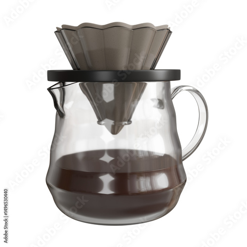 Realistic 3D render of a V60 dripper placed on top of a transparent glass jug, filled with freshly brewed coffee.