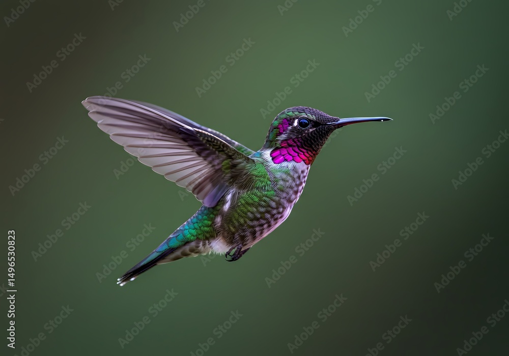 Fototapeta premium Hummingbird in flight against green background