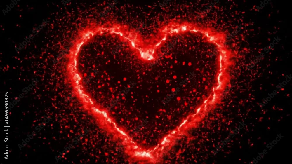 Glowing red heart shape surrounded by particles creating a romantic and passionate atmosphere on a black background Glowing red heart shape surrounded by particles creating a romantic and passionate atmosphere on a black background