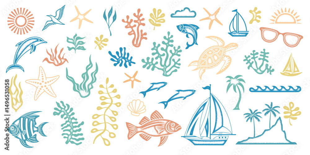 Fototapeta premium Elements of marine design, sea and summer vacation, noisy texture, isolated on a white background, vector illustration