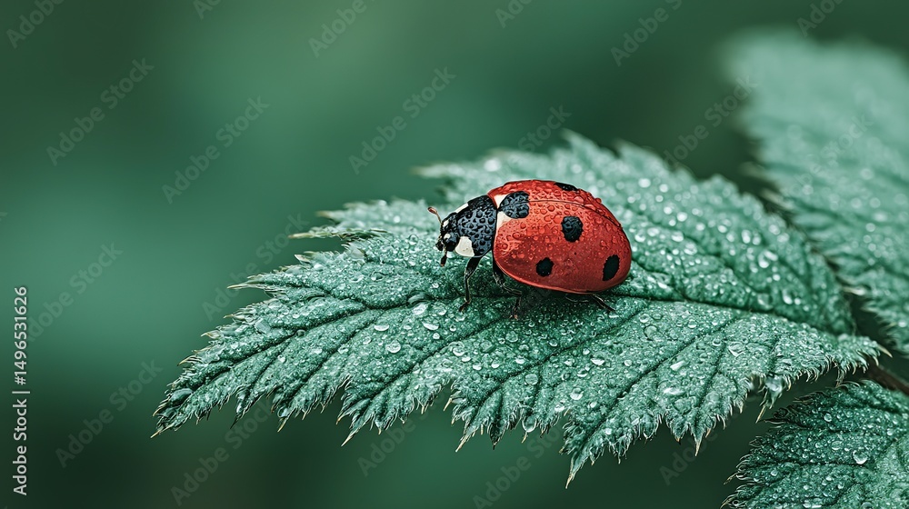 Obraz premium Ladybug resting on a dewy leaf.