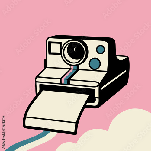 Retro Polaroid Camera Illustration, Pink Background