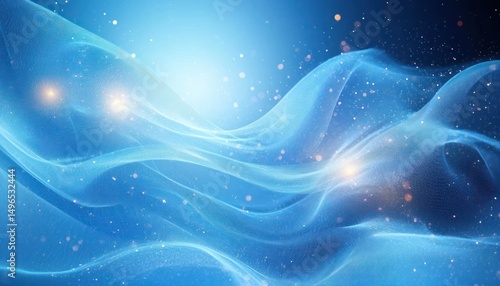 Abstract blue flowing wave-like mesh with glowing light points and scattered particles on dark background conveying dynamic movement and digital energy